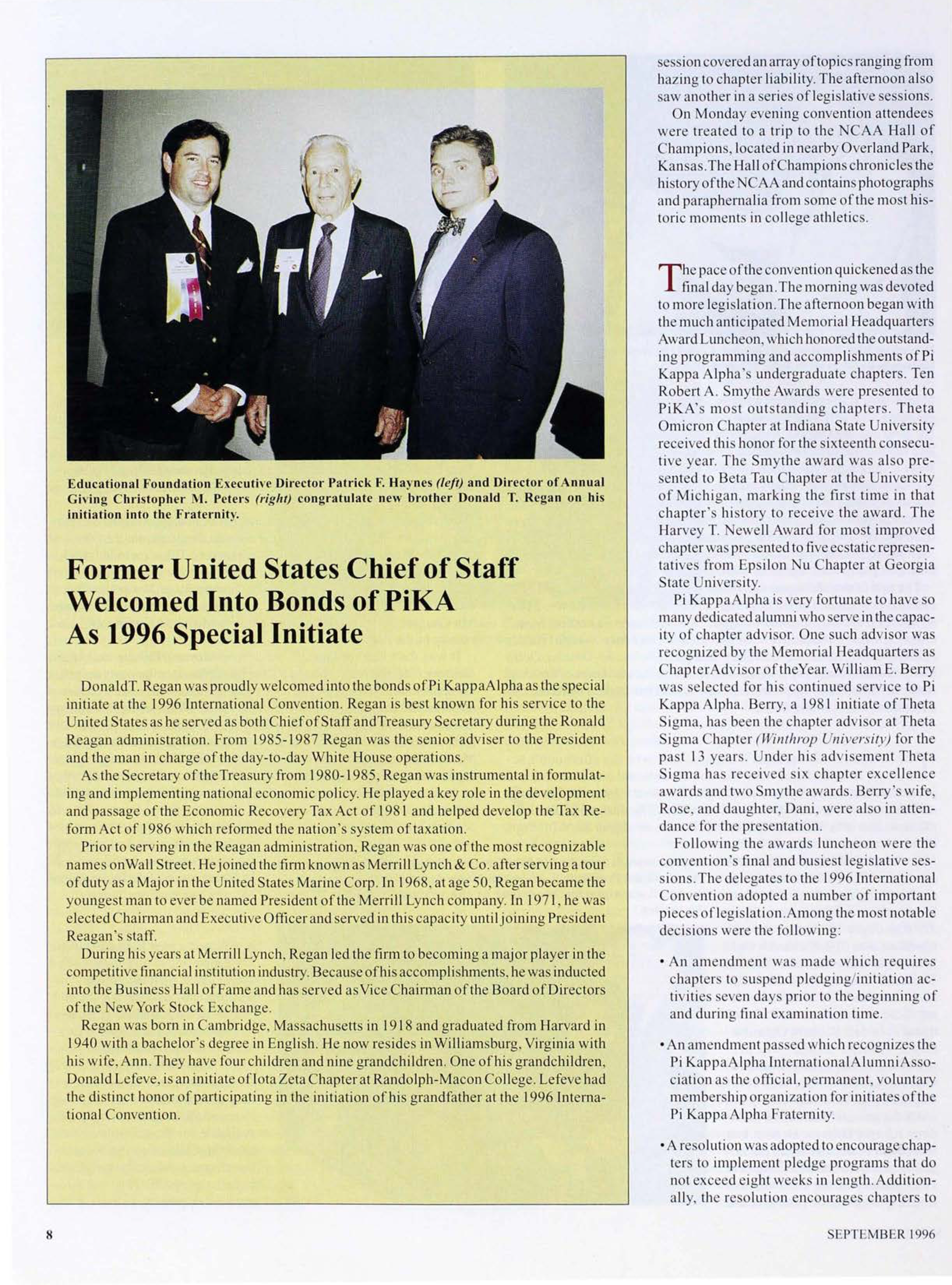 Former United States Chief of Staff Welcomed Into Bonds of PiKA as 1996 Special Initiate